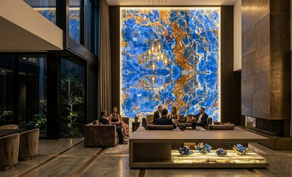 A monumental backlit Blue Onyx feature wall in a luxury residential lounge, acting as a natural art piece.