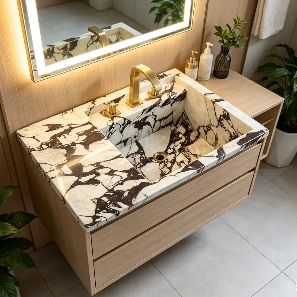 Minimalist Hidden Drain Marble Sink Design Modern Calacatta Viola marble washbasin featuring a minimalist hidden slot drain design for a seamless luxury aesthetic.