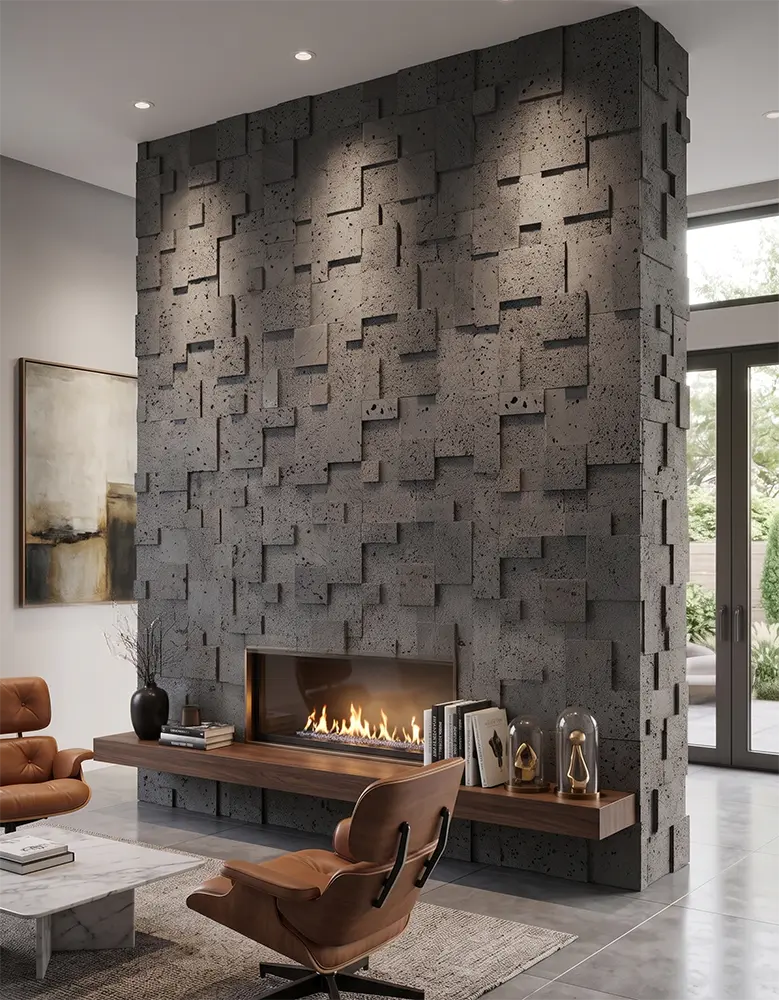 Volcanic Rock Fireplace Cladding Design Ein modernes Wohnzimmer mit einem bodentiefen Kamin, verkleidet mit 3D-Mosaikfliesen aus dunkelgrauem Vulkangestein.