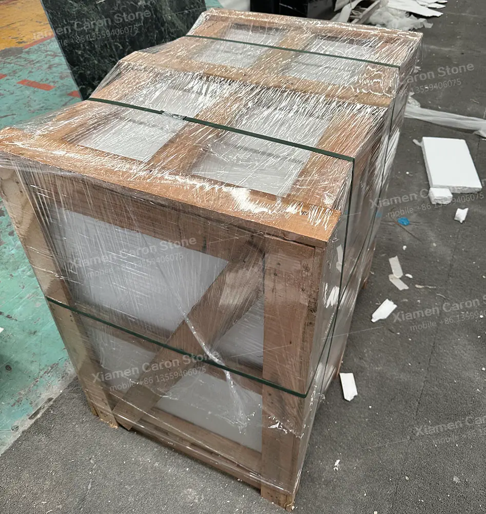 Secure International Shipping for Marble Furniture Fully assembled custom Arabescato marble vanity securely packed in a reinforced, fumigated wooden crate for international export.