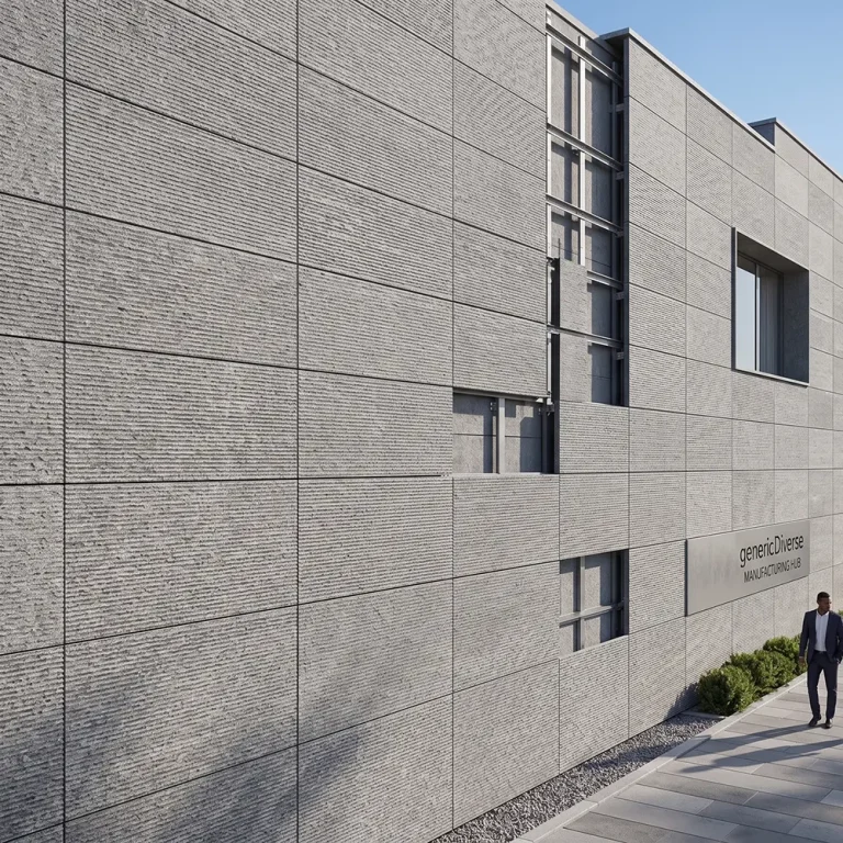 Modern commercial building facade clad in vertical fluted limestone panels, creating deep shadows under natural sunlight.