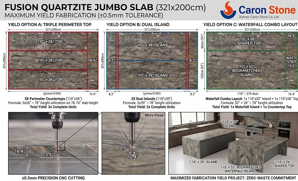 Fusion Quartzite Countertops Fabrication Yield - Caron Stone Fusion Quartzite Countertops Zero-Waste Fabrication and CNC Cutting Layout