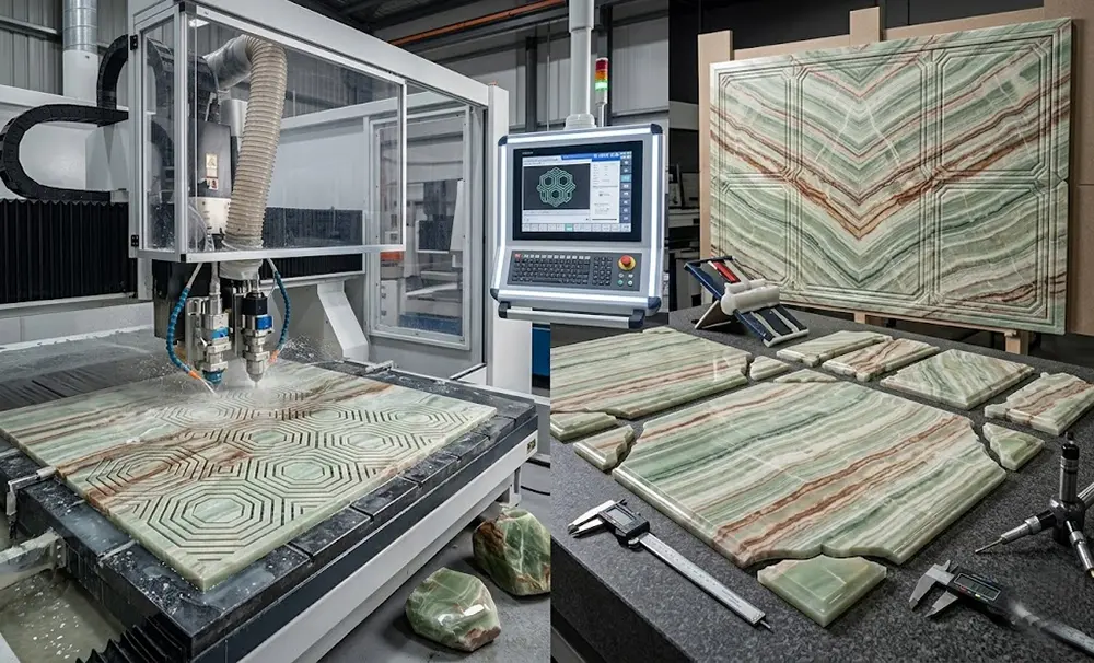 Precision Fabrication of Green Onyx Tiles High-precision waterjet machine cutting custom Green Onyx tiles at Caron Stone's fabrication workshop.