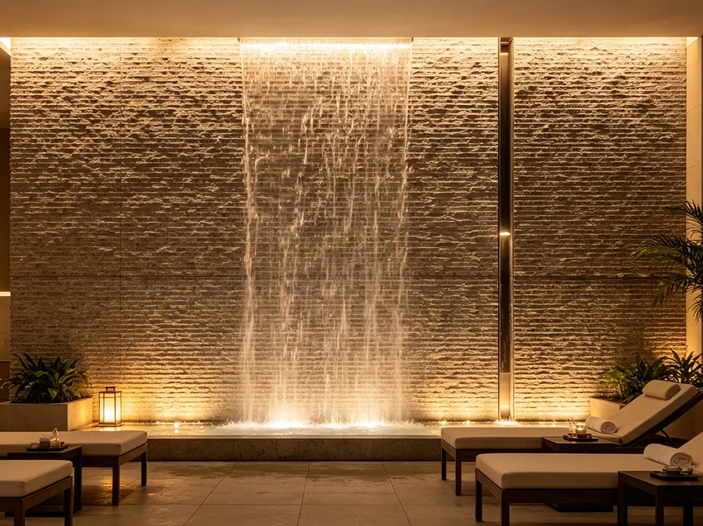 Grooved Stone for Architectural Water Walls Outdoor landscape design featuring water cascading down a deeply grooved basalt stone water wall.