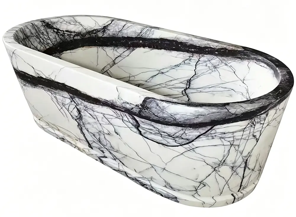 Ergonomic Hand-Finished Stone Edges Close-up of the thick, rounded rim of a solid Lilac White marble bathtub, showing the velvety finish and continuous dark purple veining.