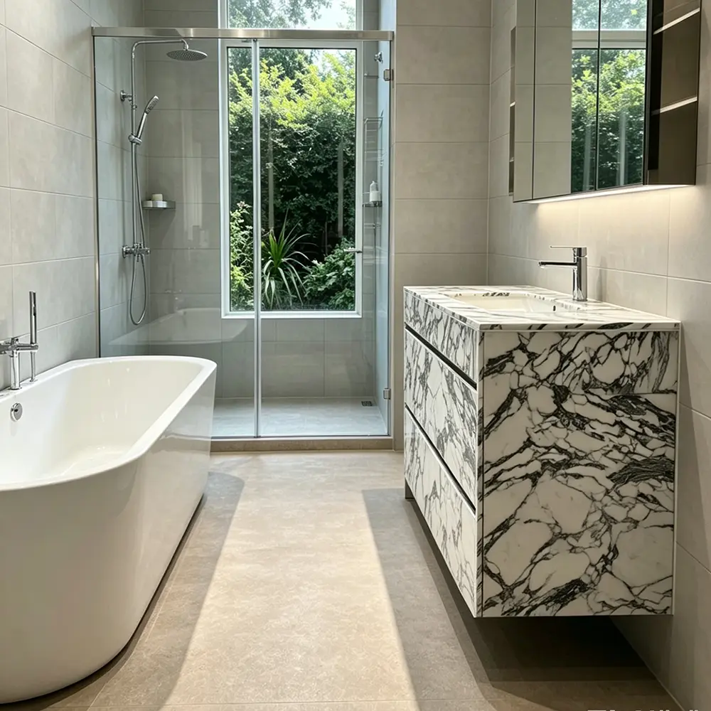 Luxury Master Bathroom with Floating Marble Vanity Ein hochwertiges Master-Bad-Interieur mit einem wandmontierten, schwebenden Arabescato Corchia-Marmor-Waschtischschrank und einem eleganten, wandmontierten Wasserhahn.