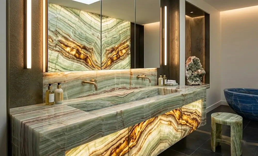 Bespoke Green Onyx Bathroom Vanity Design Elegant custom bathroom vanity top and backsplash crafted from polished Green Onyx with modern fixtures.