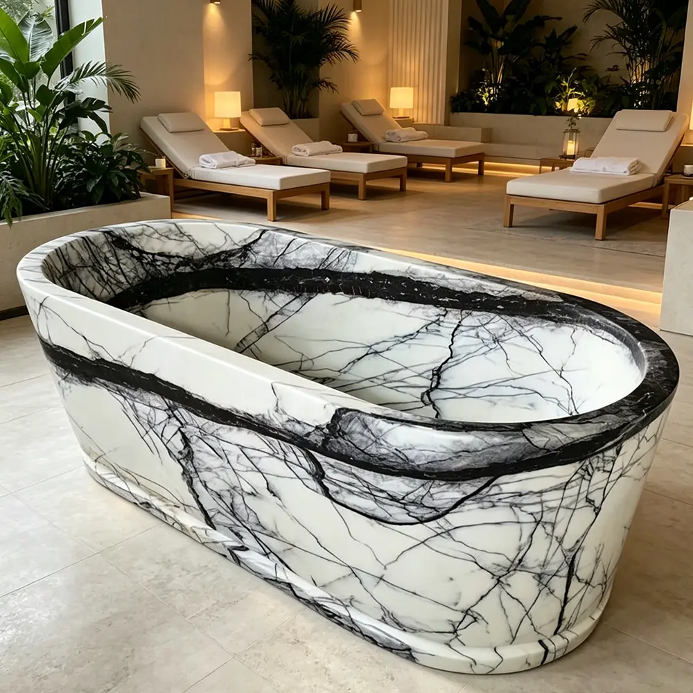 A spacious, high-end master bathroom featuring a solid Lilac White marble bathtub resting on minimalist grey tile flooring.