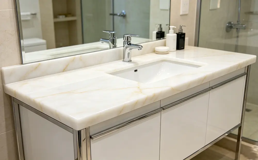 Elegant master bathroom vanity top made from polished White Onyx with high-end brass hardware.