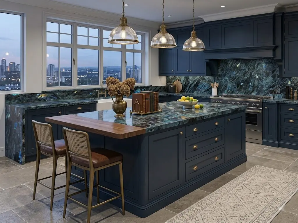 Luxury Labradorite Blue Granite Waterfall Island Modern luxury kitchen featuring matte black cabinetry and a stunning Labradorite Blue Granite waterfall island with a dark grey base and brilliant blue flashes.