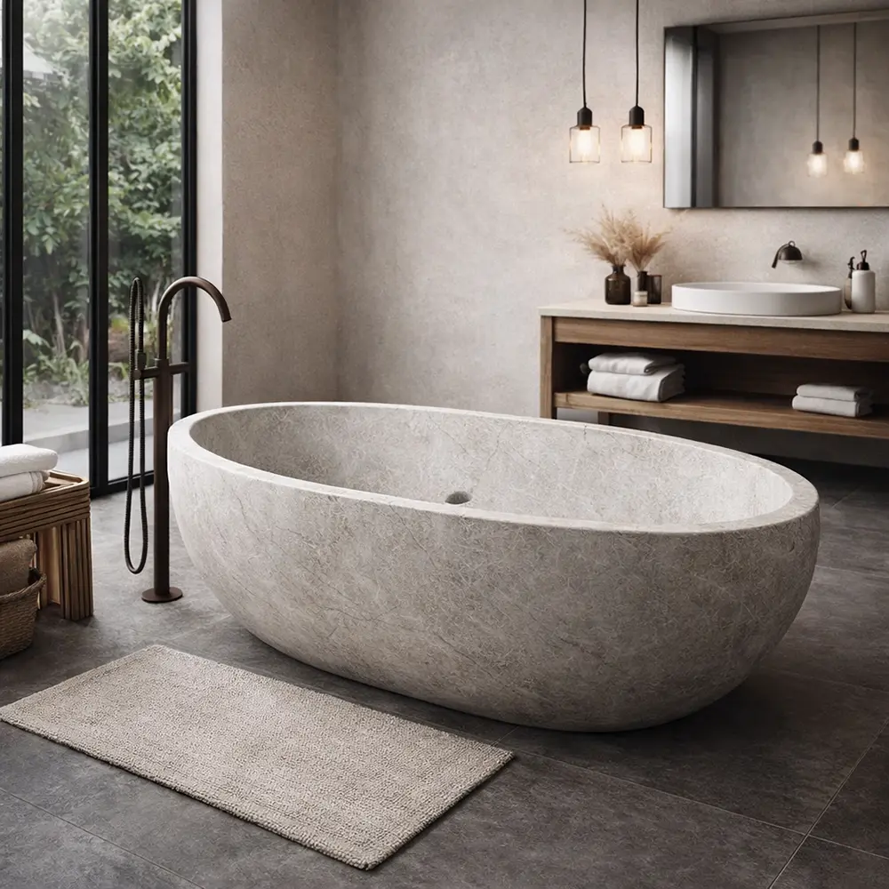 Bespoke Stone Bathtubs for Luxury Hospitality A spacious, high-end resort spa bathroom featuring twin solid Taj Mahal Quartzite bathtubs resting on natural stone flooring.