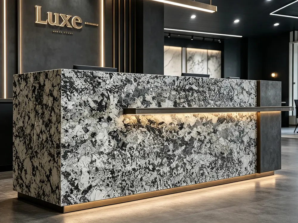 A monolithic, high-contrast Patagonia Quartzite reception desk set in a modern, brutalist-inspired commercial lobby with dark concrete elements.
