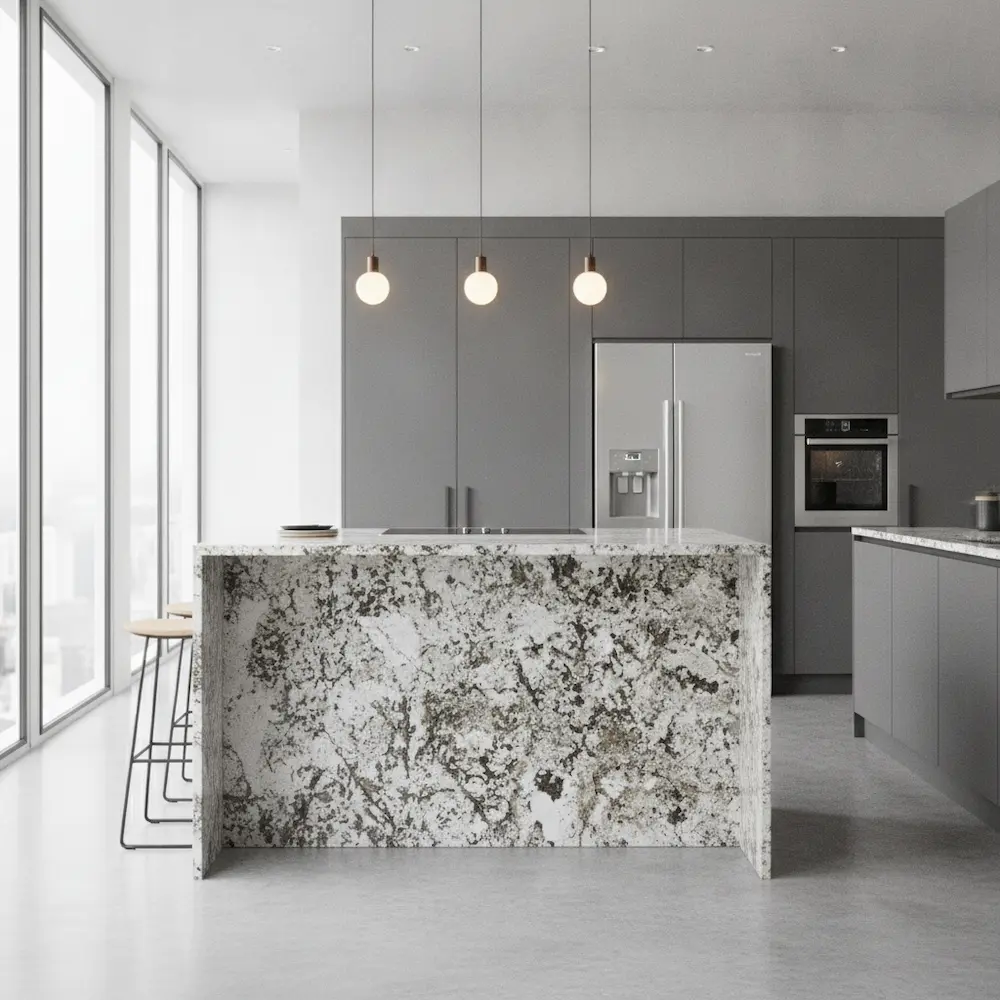 A modern luxury kitchen featuring a thick, mitered waterfall island made from striking Patagonia Quartzite, paired with minimalist matte black cabinetry.