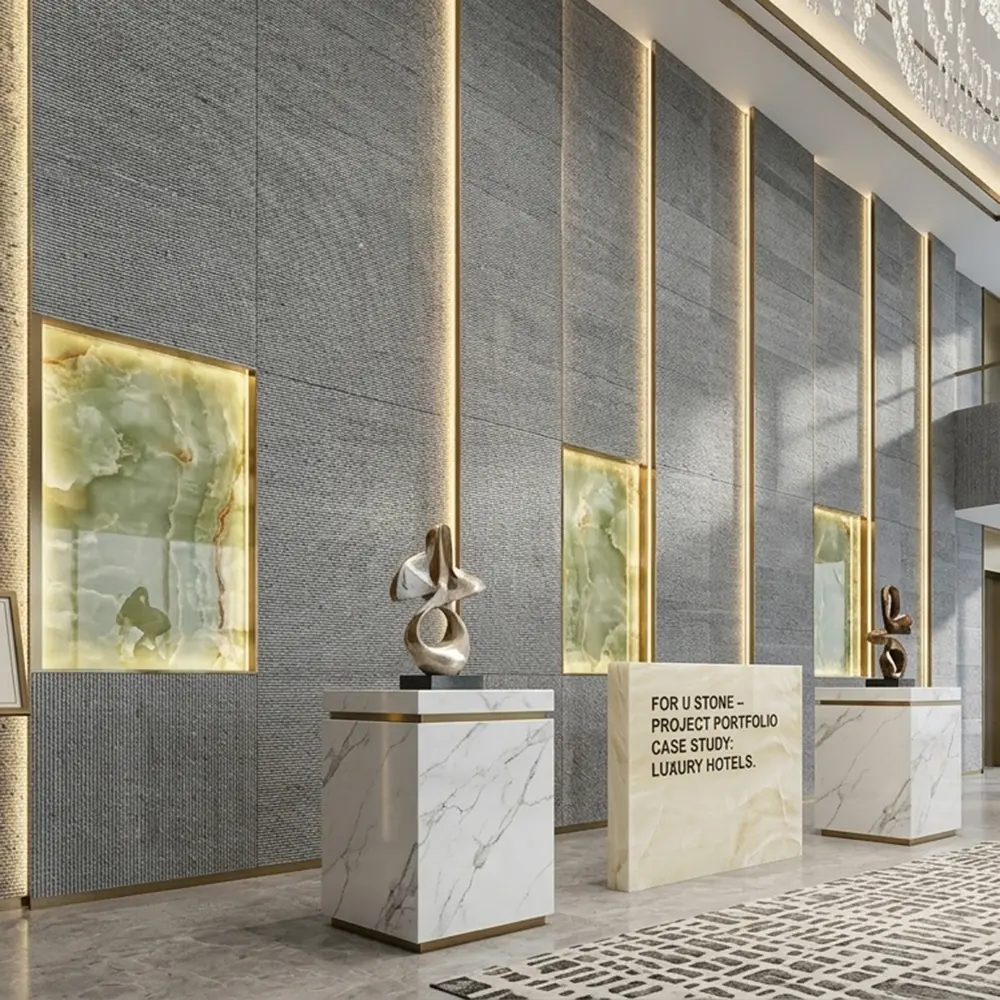 Ribbed Marble Feature Wall Design Grand luxury hotel lobby featuring a massive feature wall made from horizontal ribbed marble panels extending the spatial perspective.