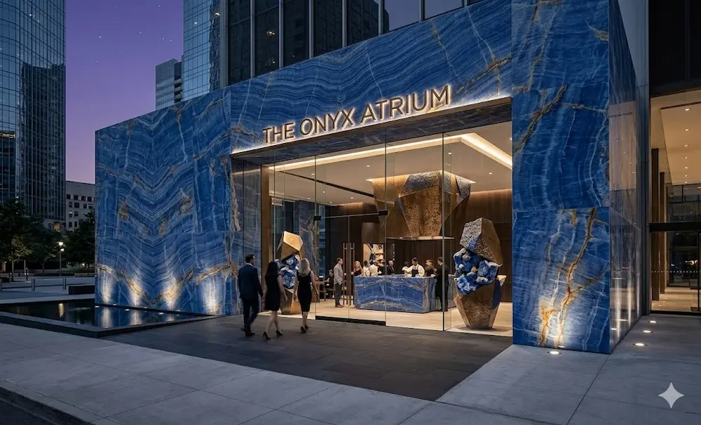 Backlit Royal Blue Onyx Wall Cladding Masterpiece A monumental floor-to-ceiling backlit Royal Blue Onyx feature wall in a luxury residential lounge.