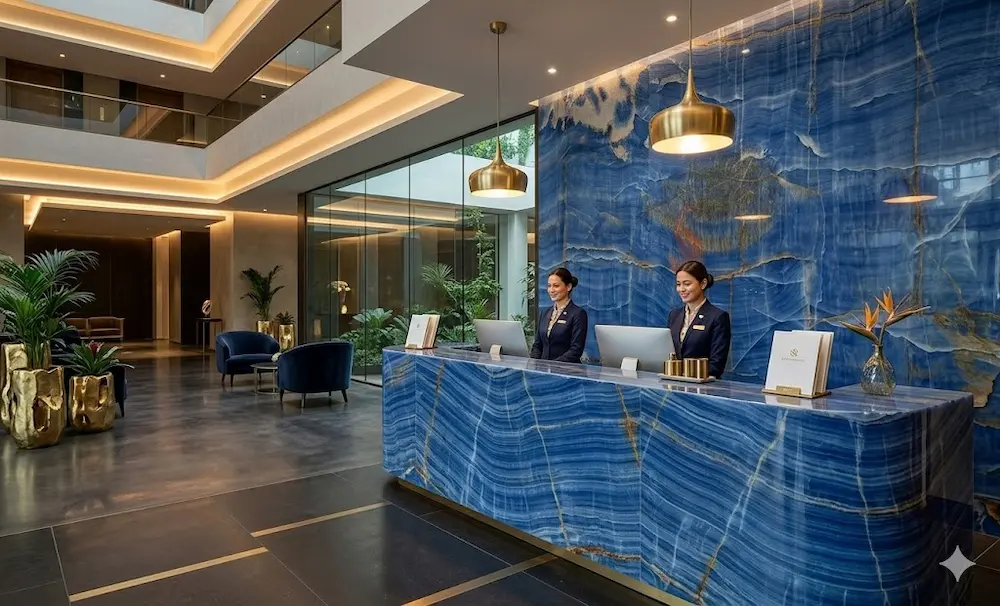 Luxury Hotel Lobby with Backlit Royal Blue Onyx Desk Custom hotel reception desk clad in illuminated Royal Blue Onyx panels with seamless mitered edges.