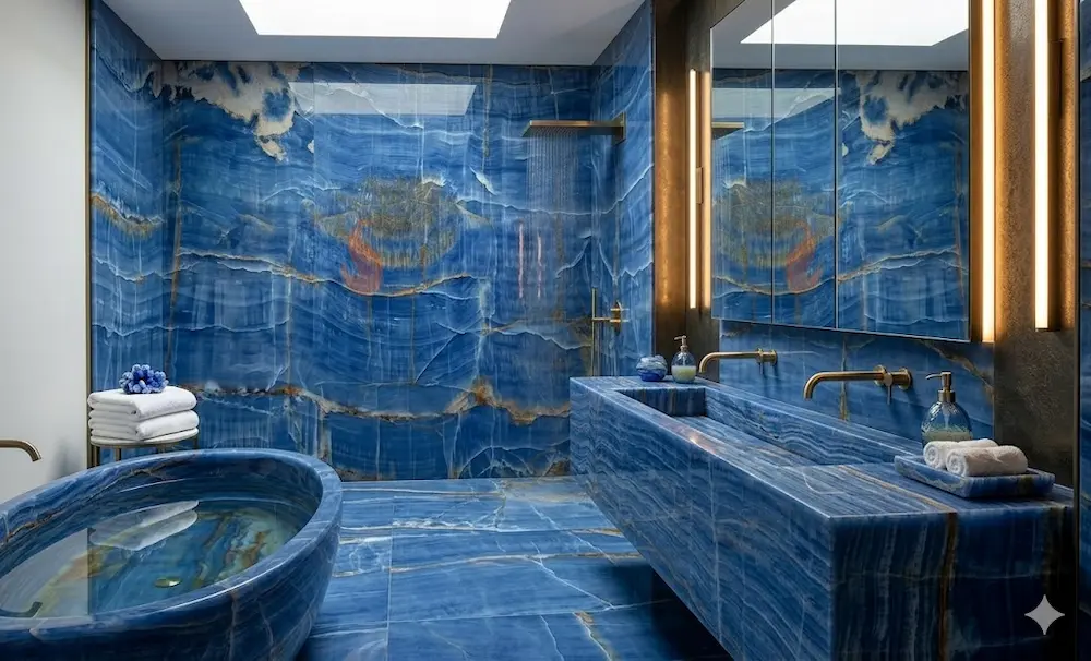 Bespoke Royal Blue Onyx Bathroom Vanity Design Elegant master bathroom vanity top made from polished Royal Blue Onyx with high-end chrome fixtures.