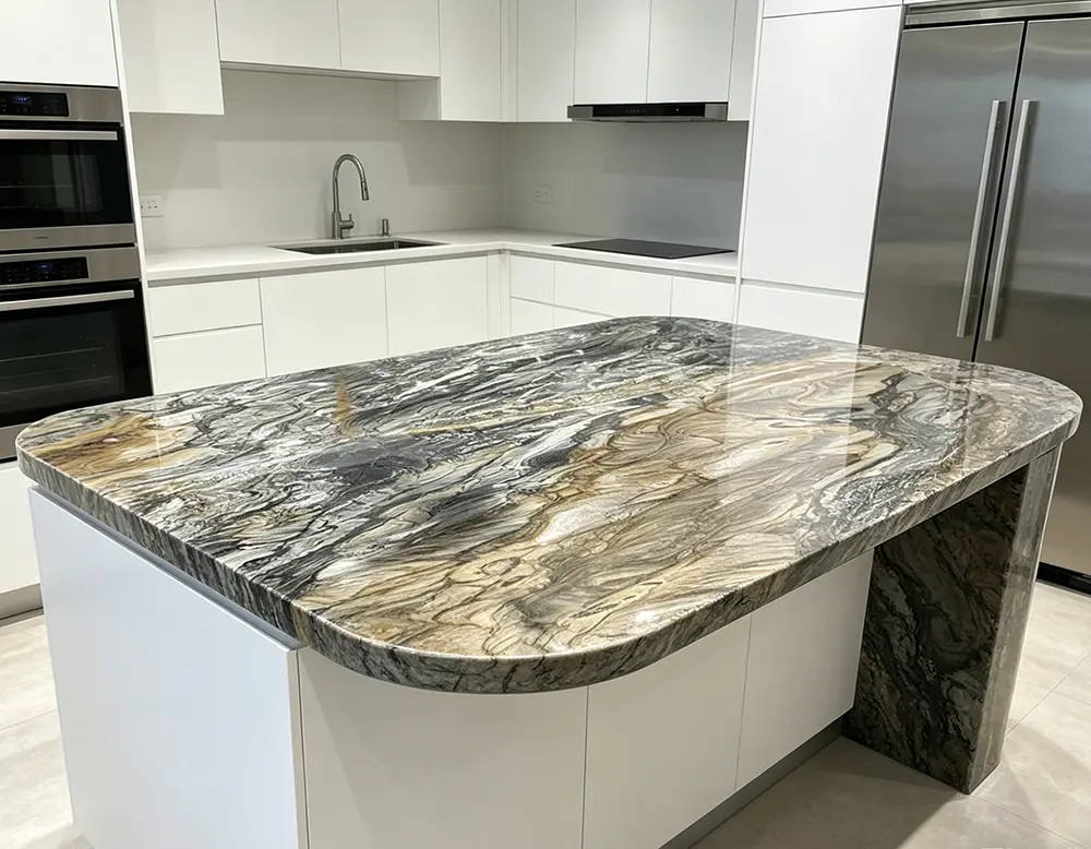 Sandalus Quartzite waterfall kitchen island