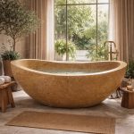 Golden Limestone Bathtub | Elongated Oval Freestanding Tub | Caron Stone