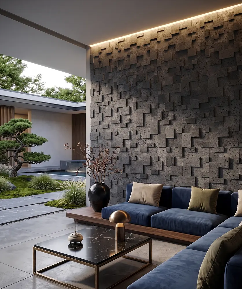 3D Basalt Panels for Exterior Architecture Modern residential building facade featuring durable 3D volcanic basalt stone panels for weather-resistant exterior cladding.