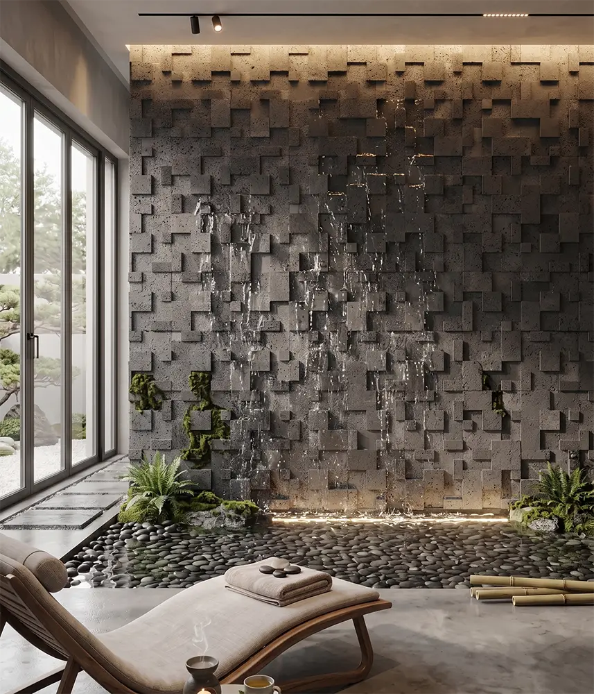 Lava Stone Cladding for Water Features Eine ruhige Luxus-Spa-Umgebung mit einer Wasser-Kaskade, die über hochstrukturierte 3D-Wandpaneele aus dunkelgrauem Lavastein fließt.
