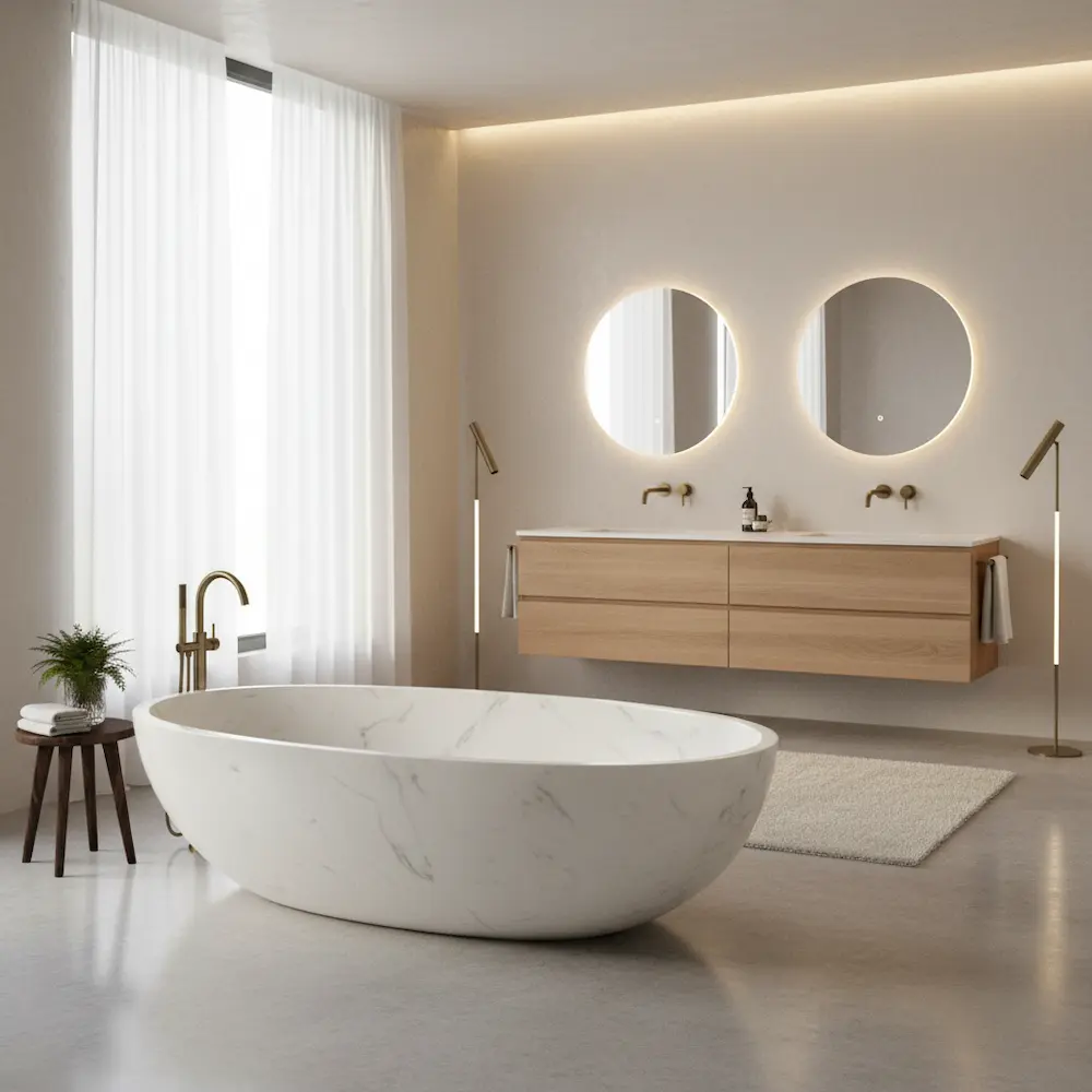 white-marble-tub-interior-drain-detail-caron-stone Close-up of the smooth, polished interior of a white marble bathtub, highlighting the precision-milled slope toward the center drain hole.
